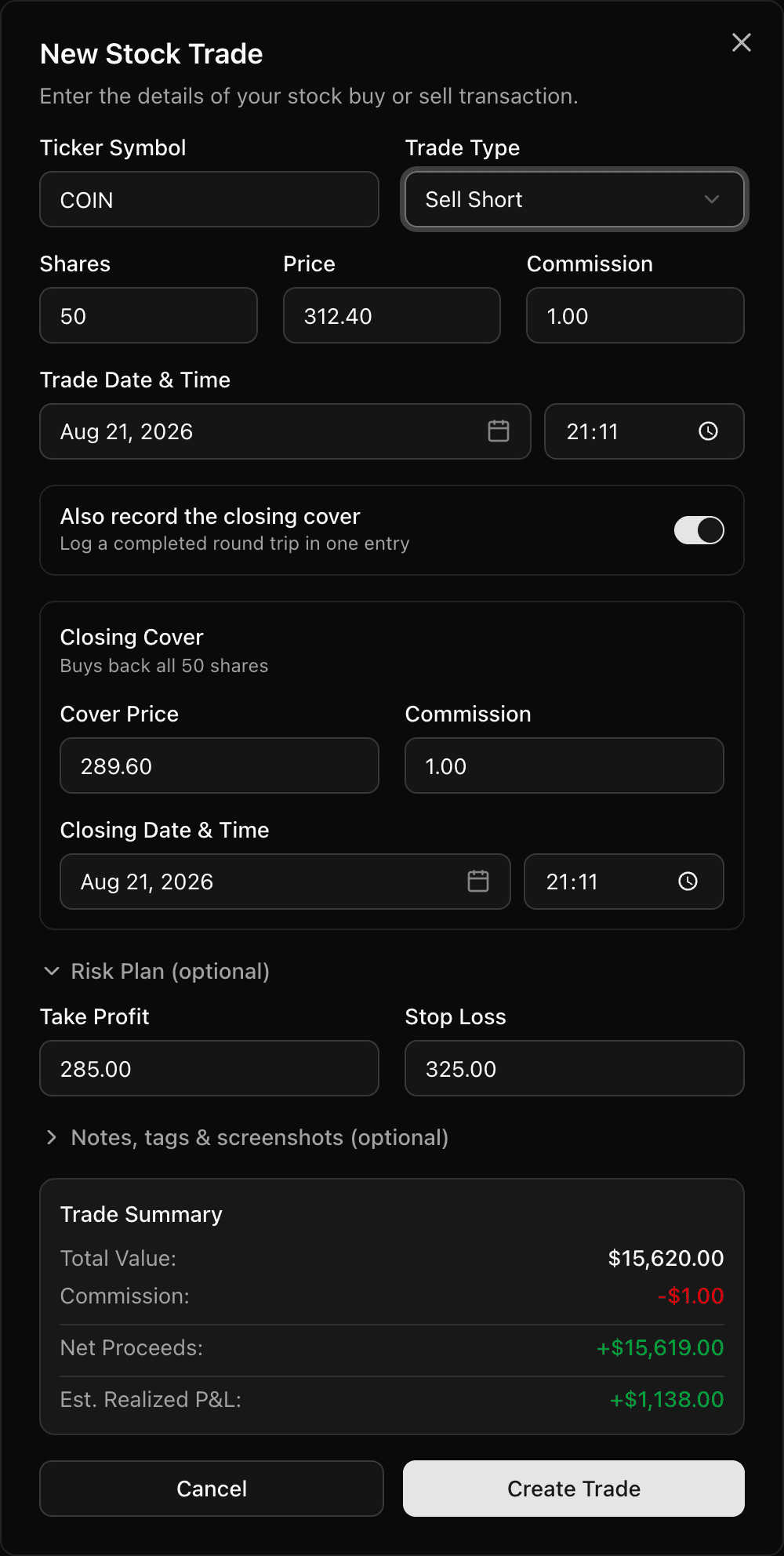 The new stock trade dialog set to Sell Short, with the closing-cover section filled in, a risk plan of take profit and stop loss, and a trade summary showing net proceeds and estimated realized P&L
