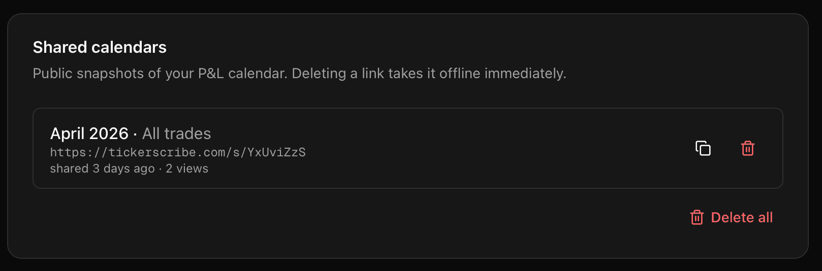 Shared calendars settings panel listing each public link with its view count and delete controls