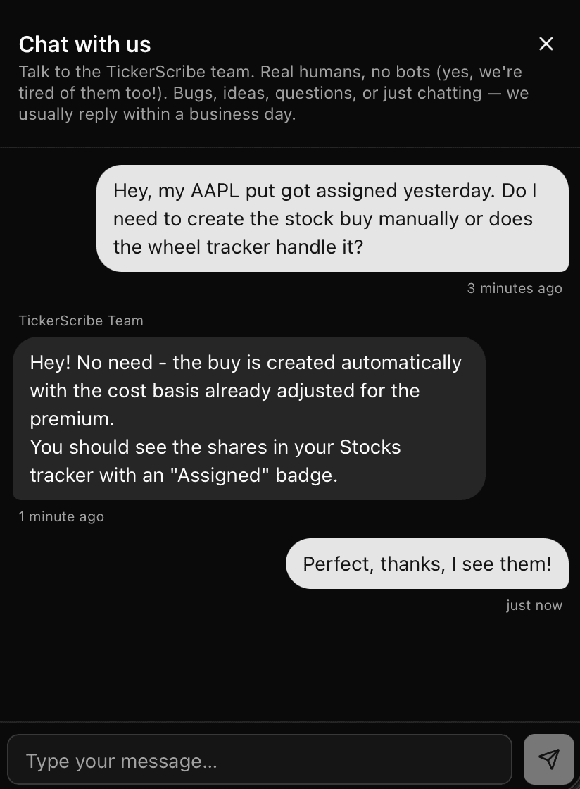 In-app support chat drawer showing a conversation with the TickerScribe team