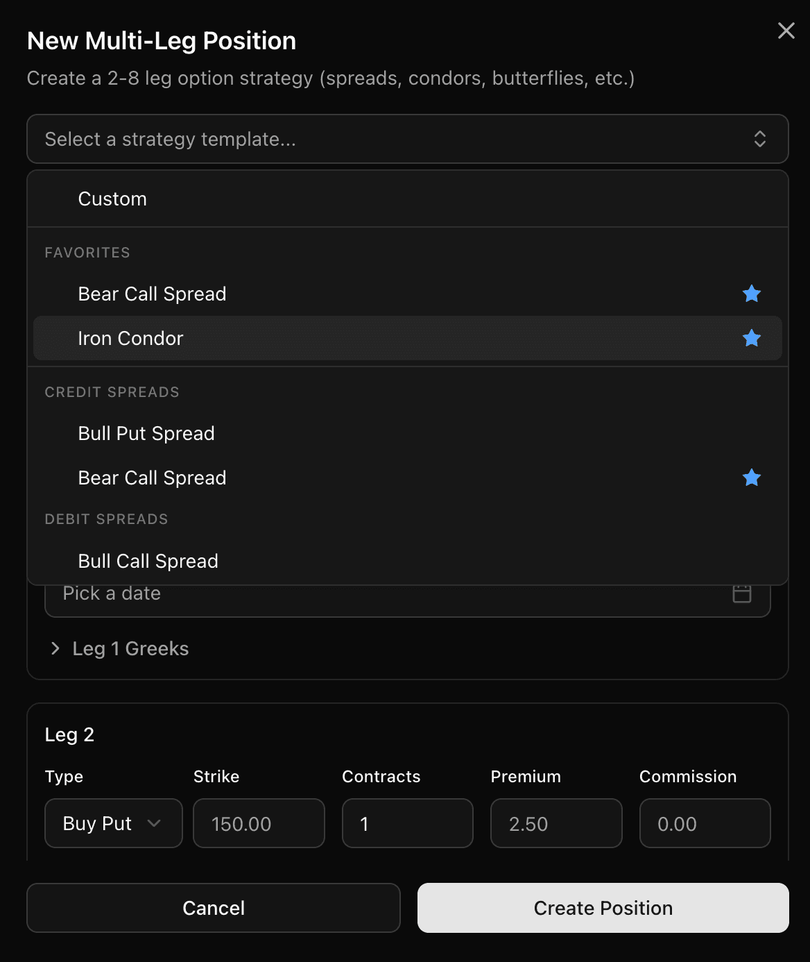 Strategy template dropdown with favorited strategies pinned to the top