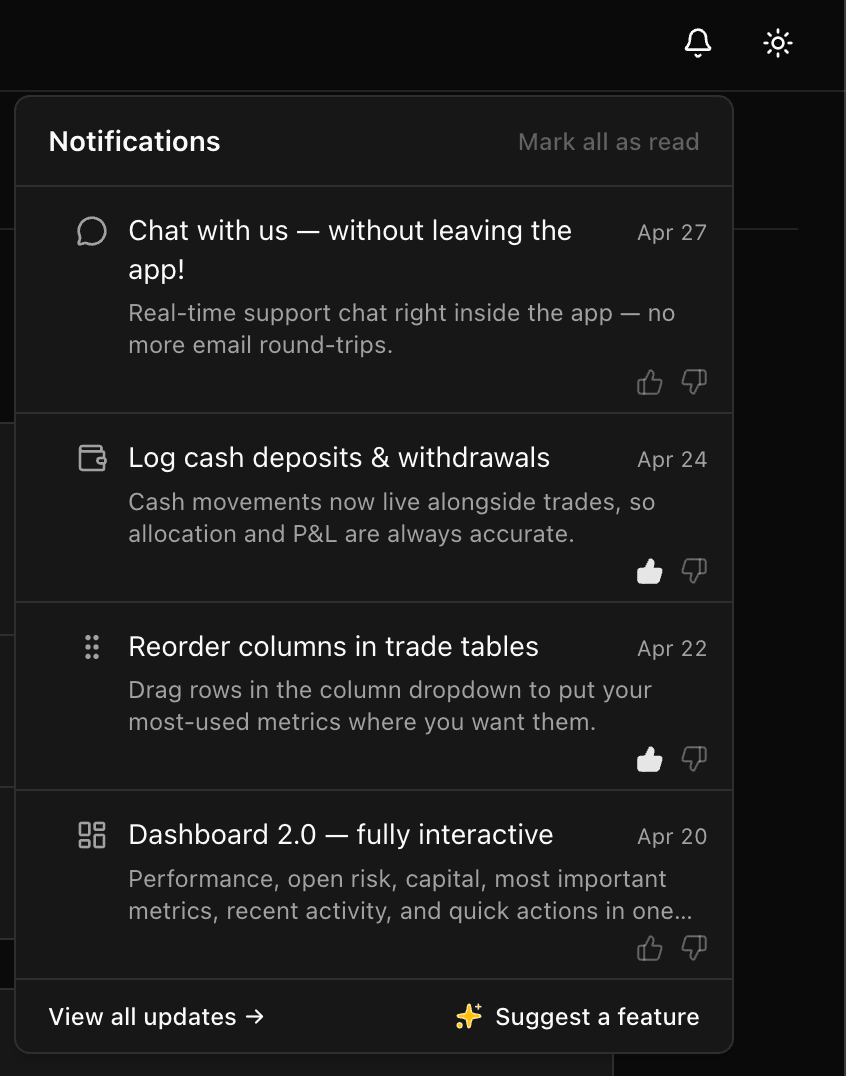 In-app notifications drawer showing recent product updates with reaction buttons and a Suggest a Feature action