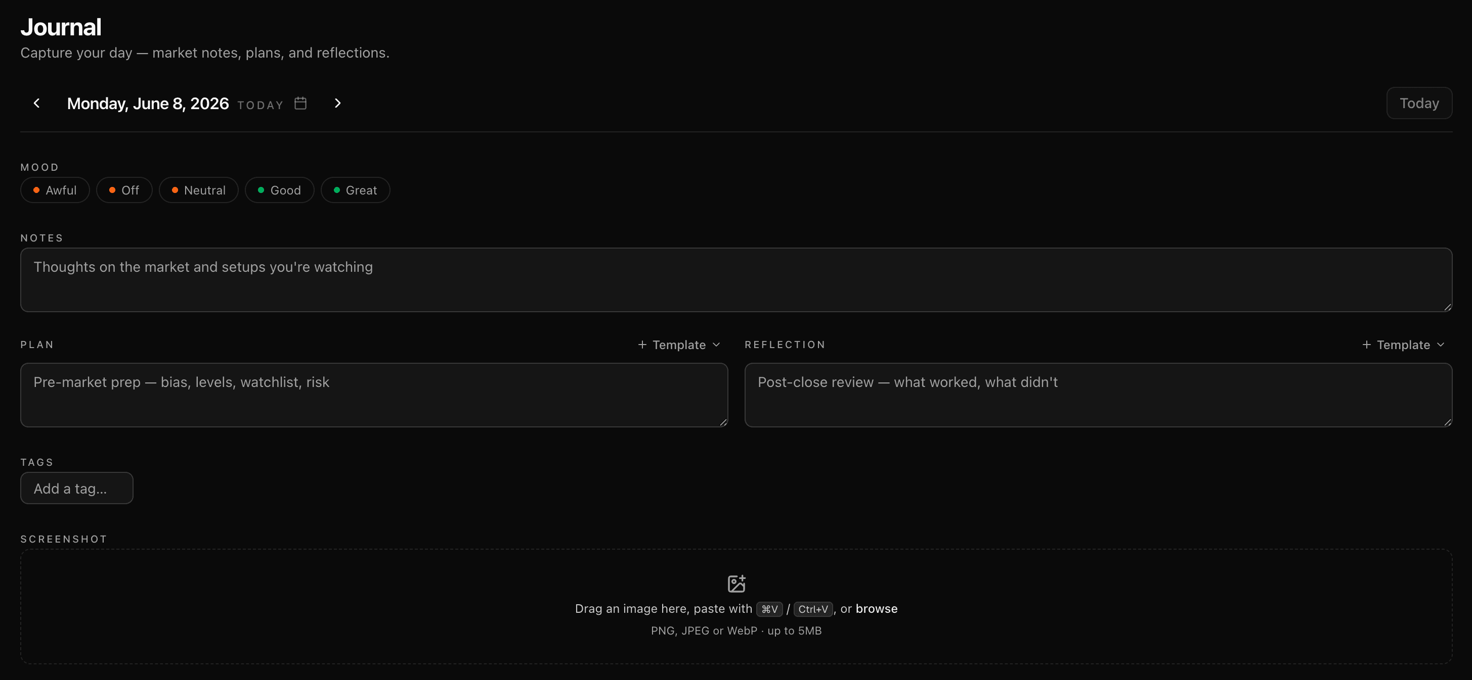 Daily journal entry editor with mood, notes, plan, reflection, tags, and a screenshot dropzone