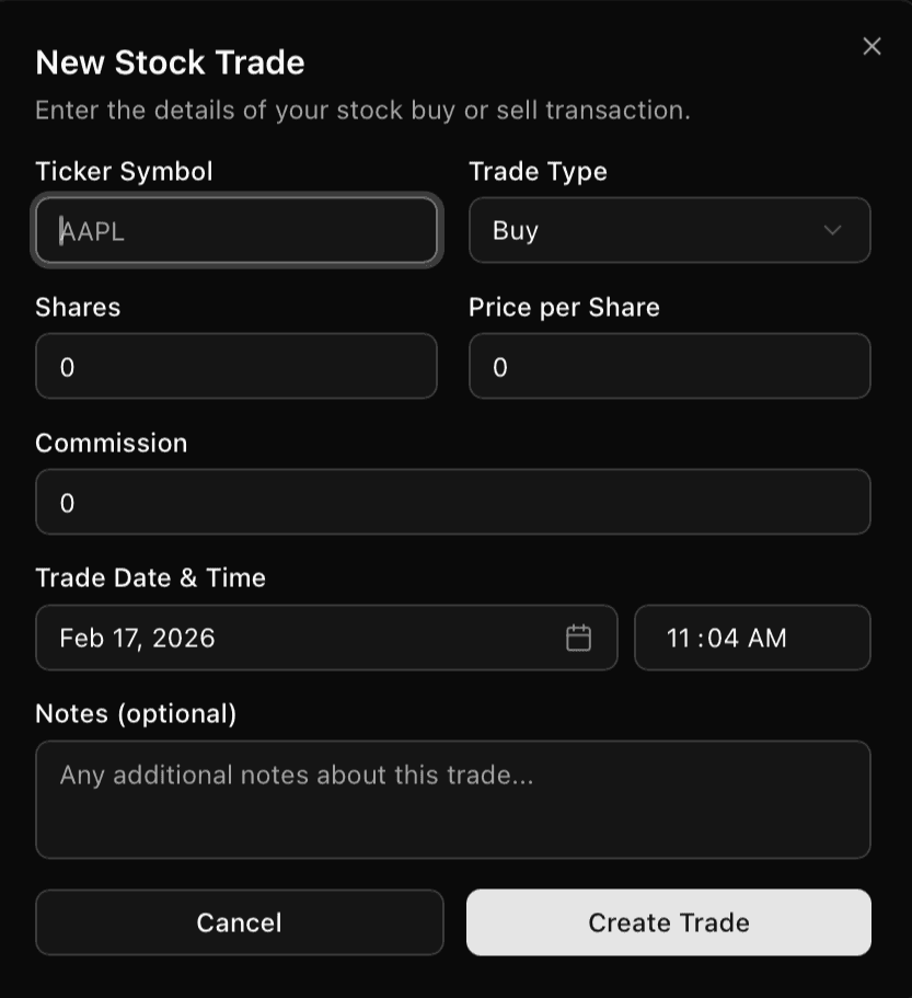 New stock trade entry form with ticker search, quantity, price, and date fields