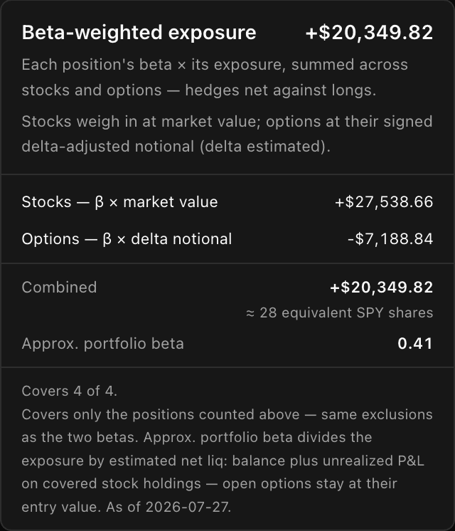 The beta-weighted exposure breakdown showing the stock side, the options side, the combined figure, its equivalent in index-ETF shares, and an approximate portfolio beta