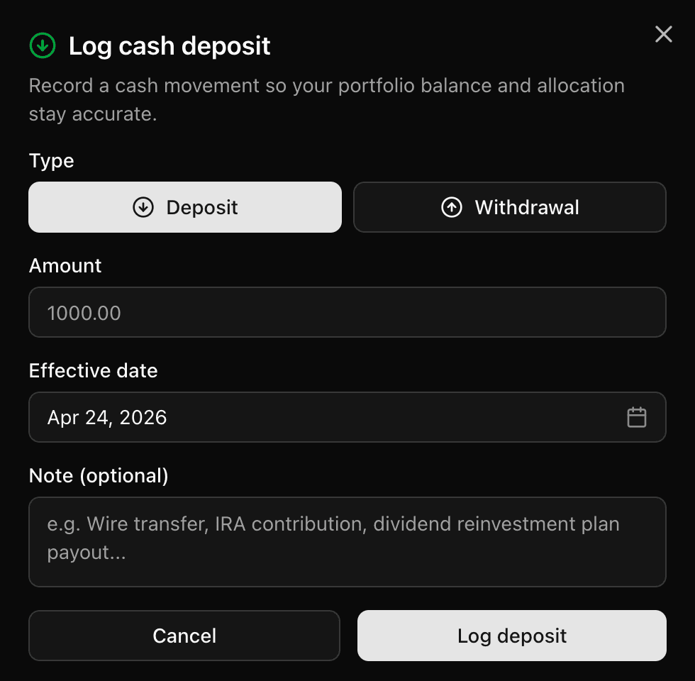 Log cash deposit or withdrawal dialog with amount, date, and note
