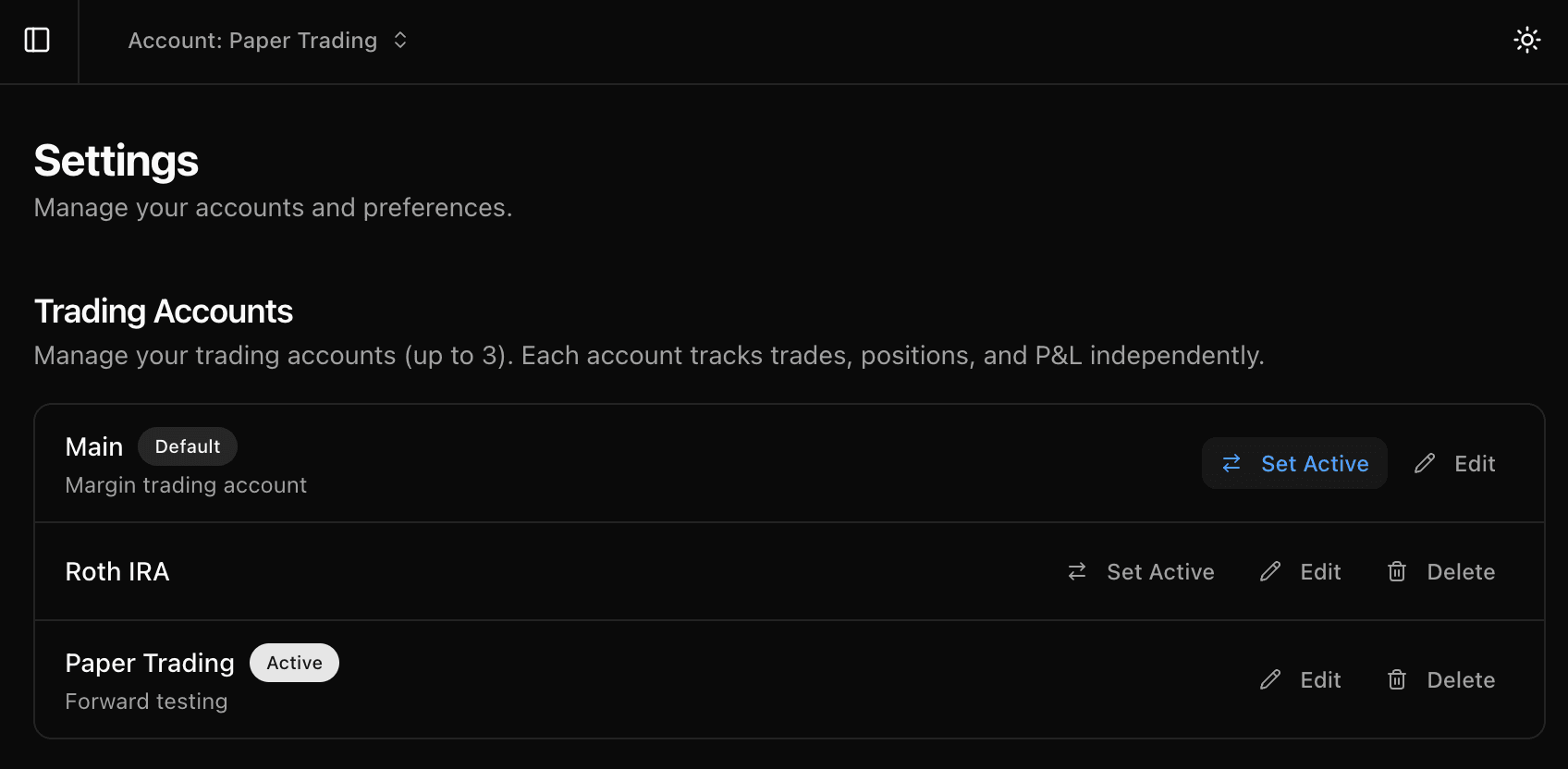 Account switcher in the header and trading accounts management in Settings