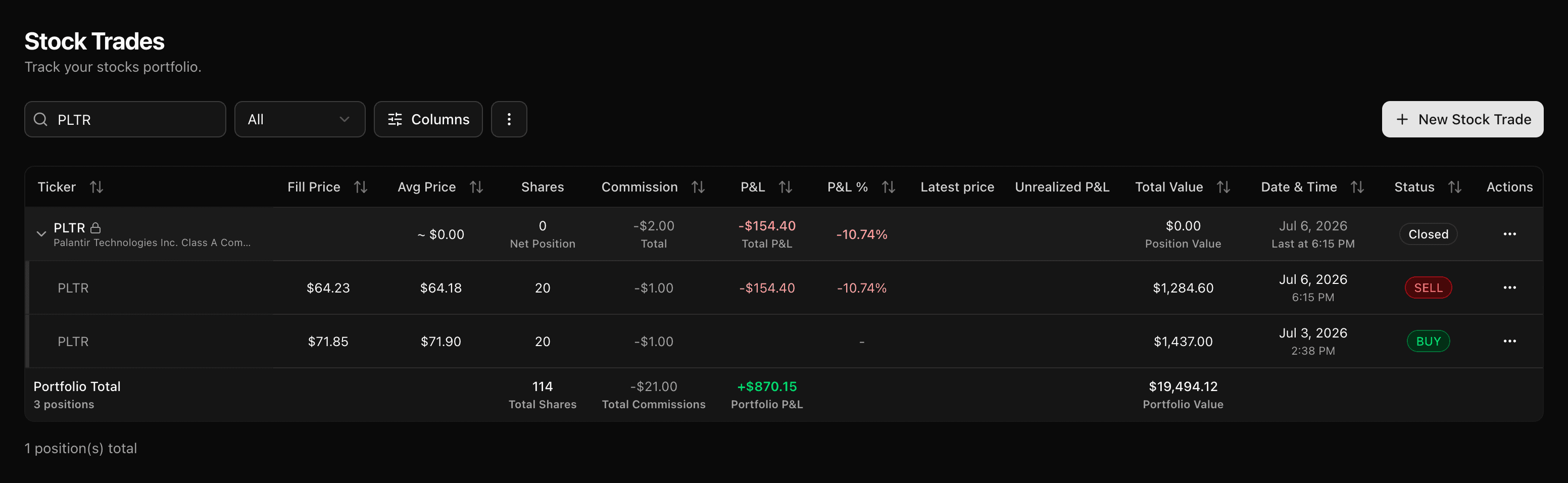 A grouped stock position expanded to its individual buy and sell lots, with average price and realized P&L