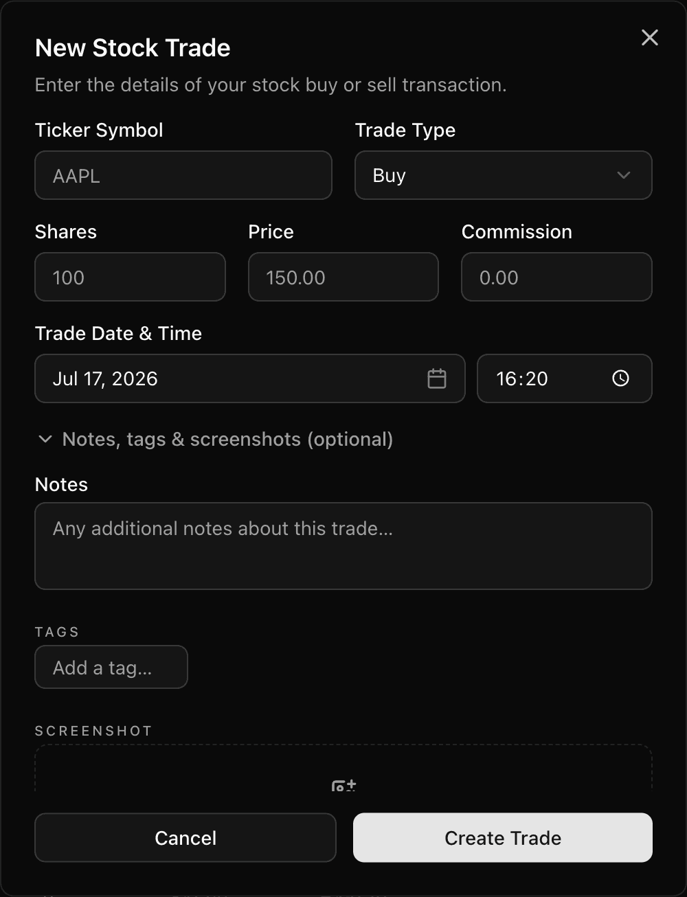 The new stock trade form with ticker, shares, price, time, and an optional notes, tags, and screenshots section