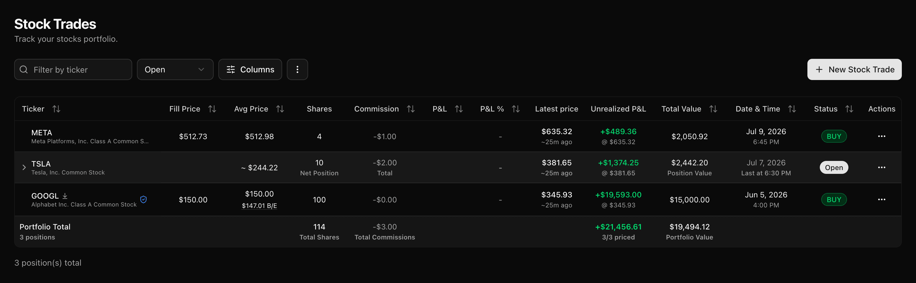 Open stock positions with latest price, live unrealized P&L, and an effective break-even pill folded from covered-call premiums