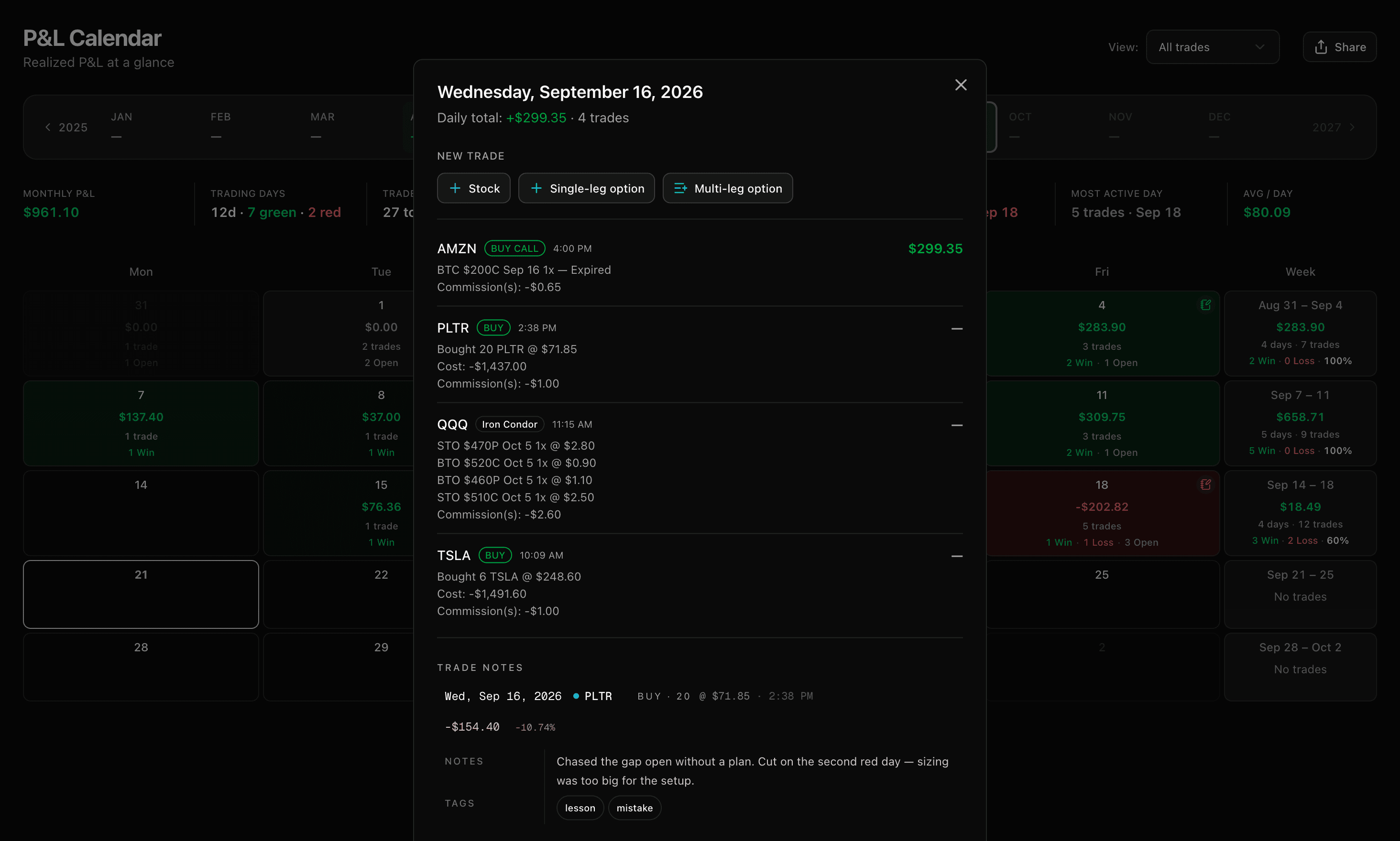 TickerScribe-Ansicht Kalender-Detailansicht