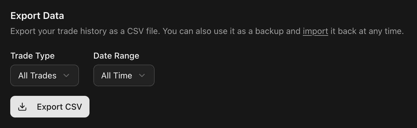 Export popover with trade-type and date-range selectors