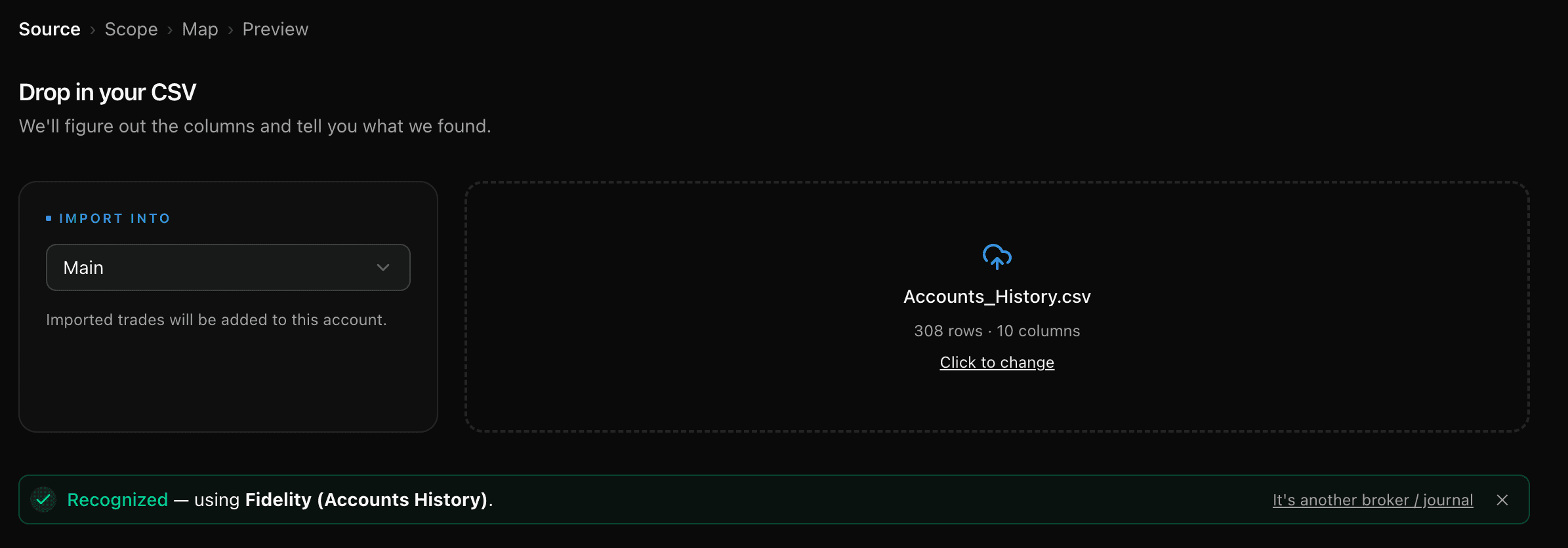 TickerScribe 가져오기 마법사가 Fidelity의 Accounts History CSV를 인식——Fidelity로 식별되고 Source, Scope, Map, Preview 단계가 표시된 화면