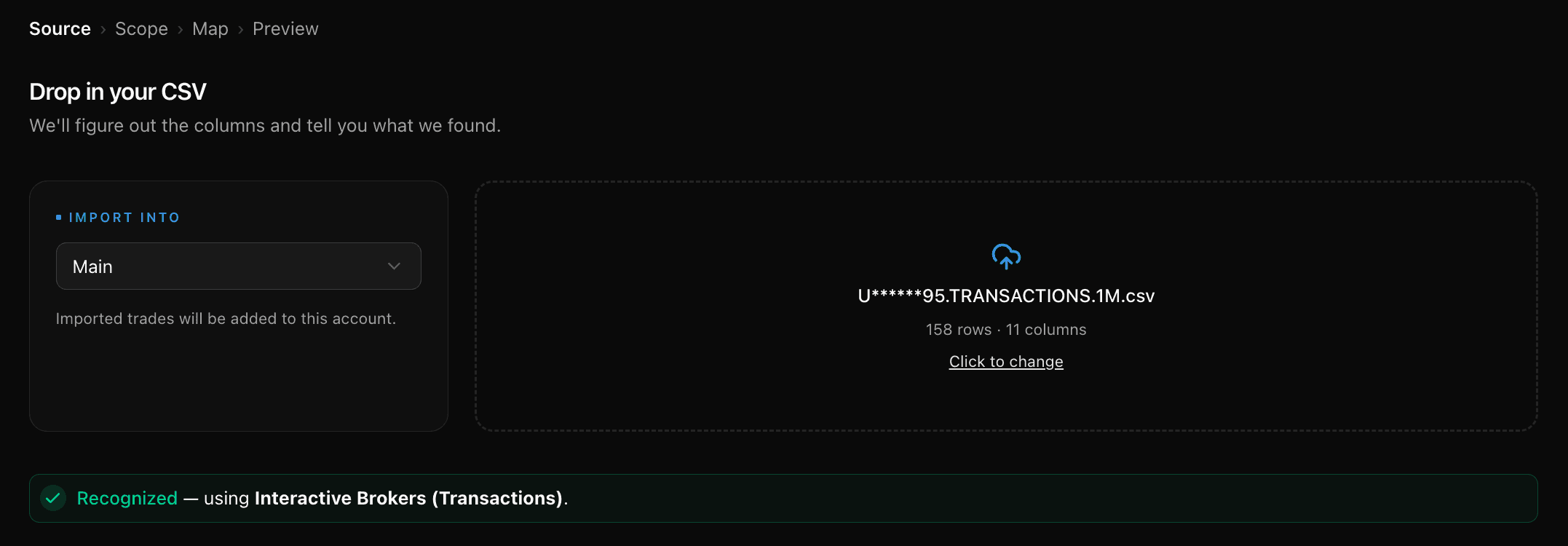 Der TickerScribe-Import-Assistent erkennt eine Interactive-Brokers-Transactions-CSV — 158 Zeilen, 11 Spalten, als Interactive Brokers (Transactions) identifiziert, mit den Schritten Source, Scope, Map und Preview