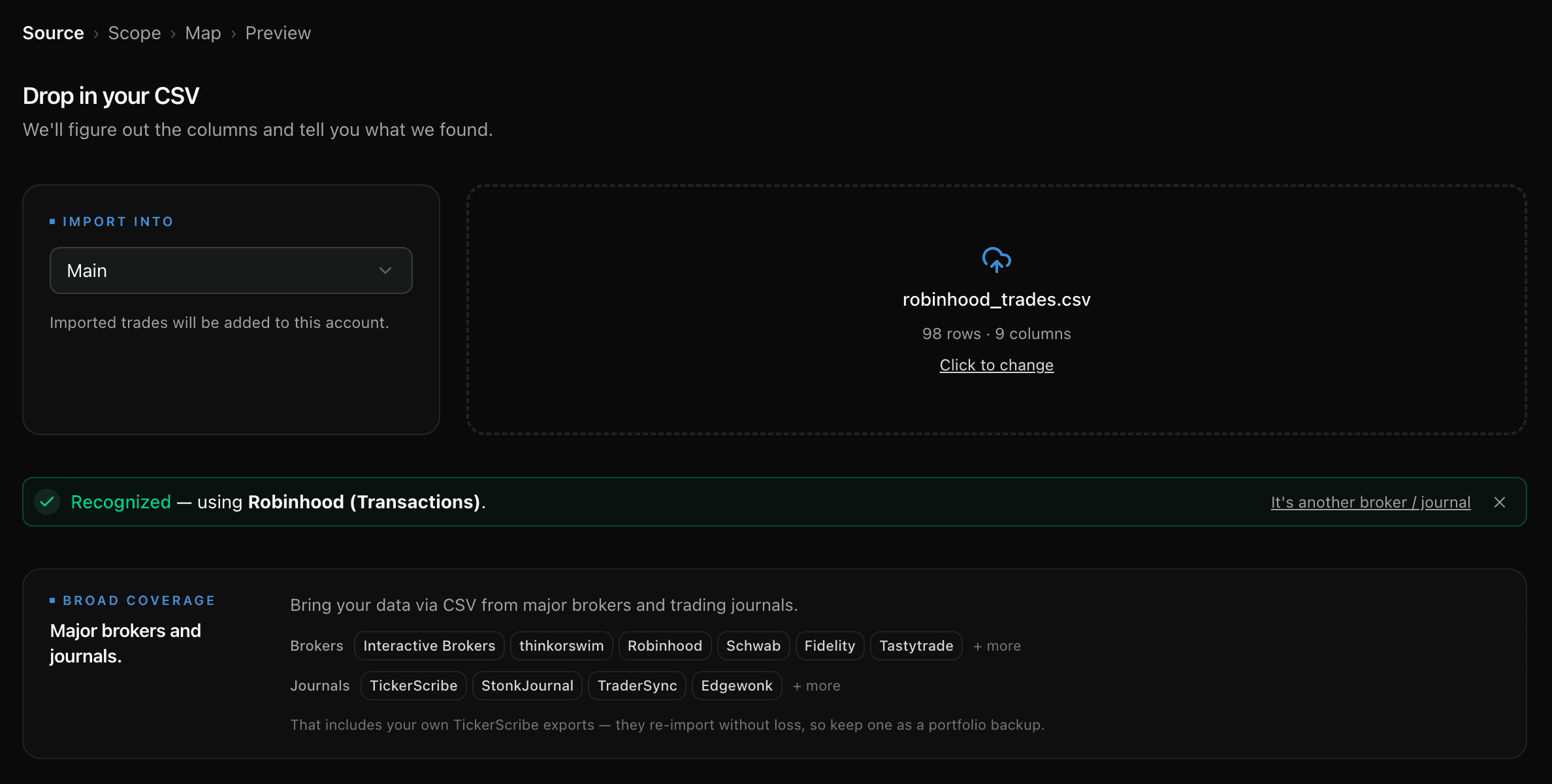 TickerScribe import wizard Source step recognizing a Robinhood CSV, with broad broker and journal coverage listed below