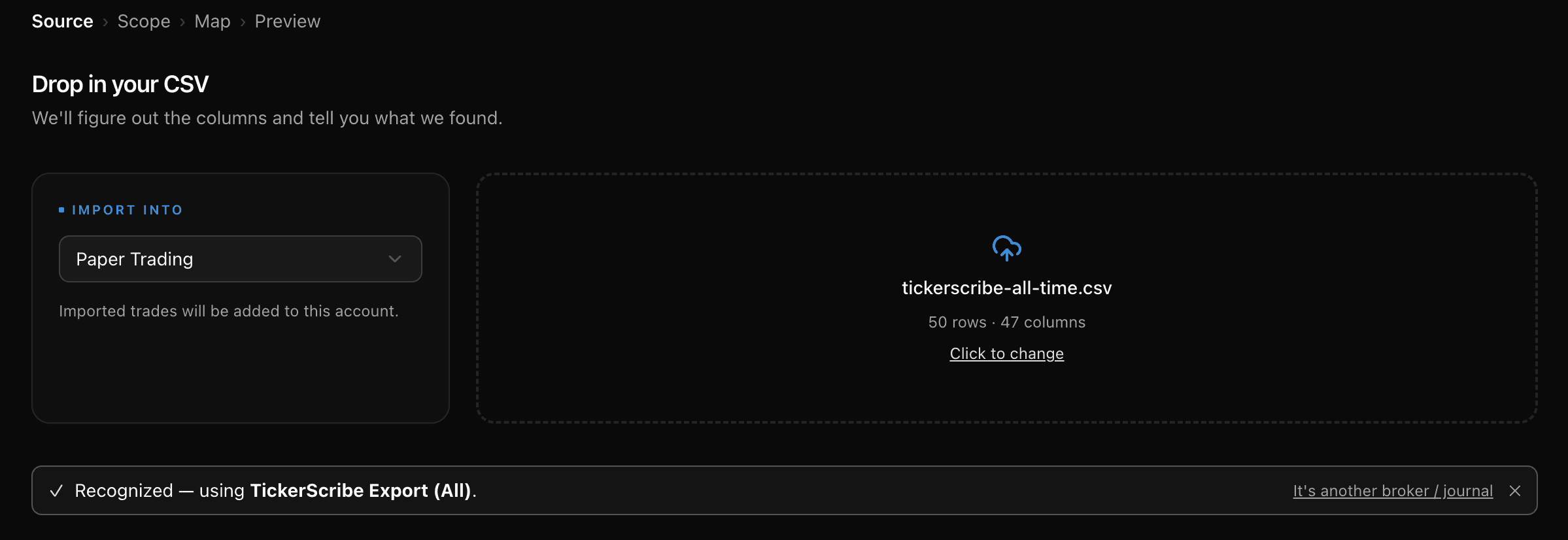 Import-Assistent erkennt den TickerScribe-Export vor der Wiederherstellung