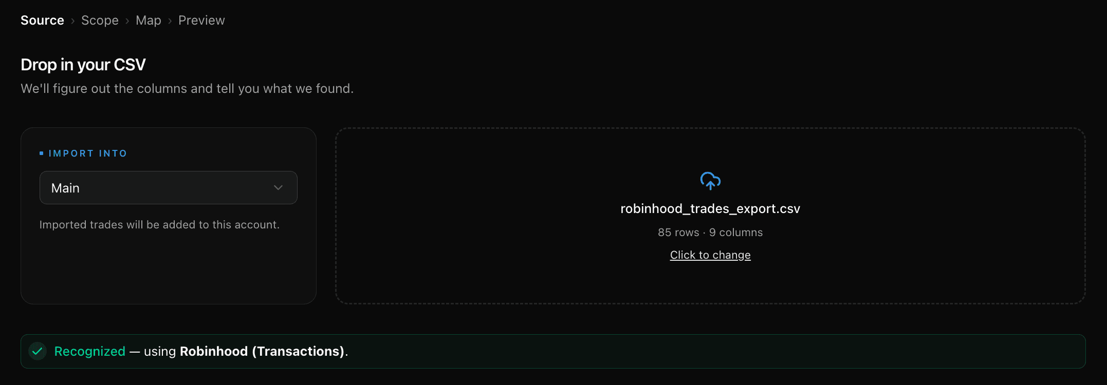 L'assistant d'importation de TickerScribe reconnaît un CSV de transactions Robinhood — 85 lignes, identifié comme Robinhood (Transactions), avec les étapes Source, Scope, Map et Preview