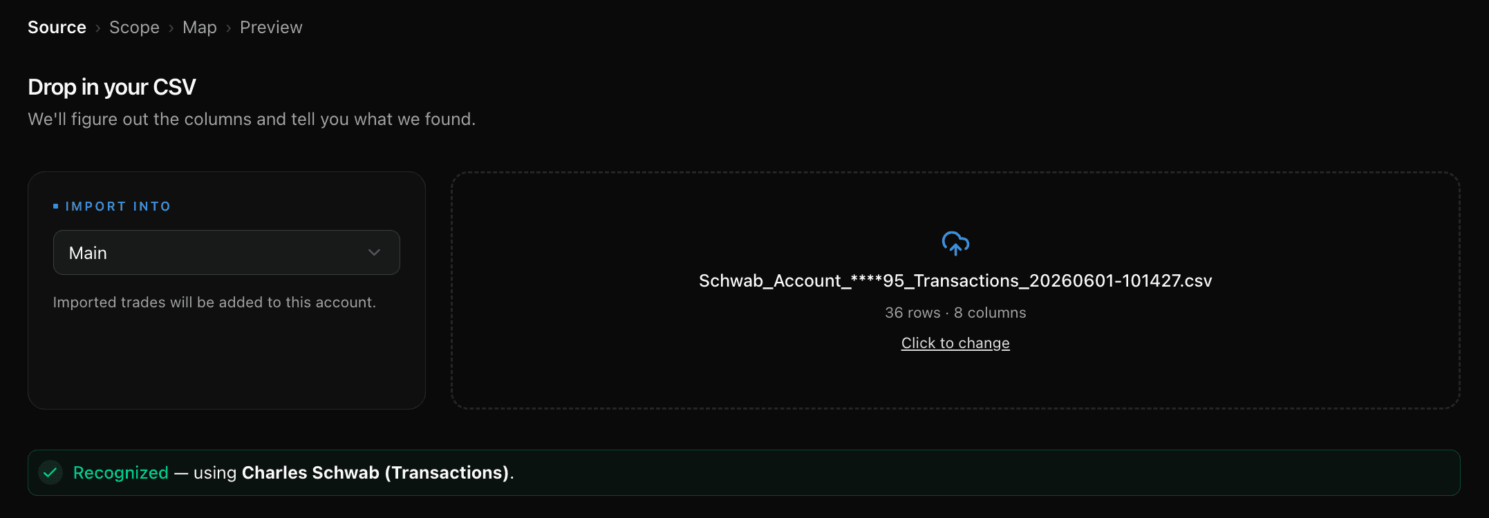 Der TickerScribe-Import-Assistent erkennt eine Charles-Schwab-Transactions-CSV — 36 Zeilen, als Charles Schwab (Transactions) identifiziert, mit den Schritten Source, Scope, Map und Preview