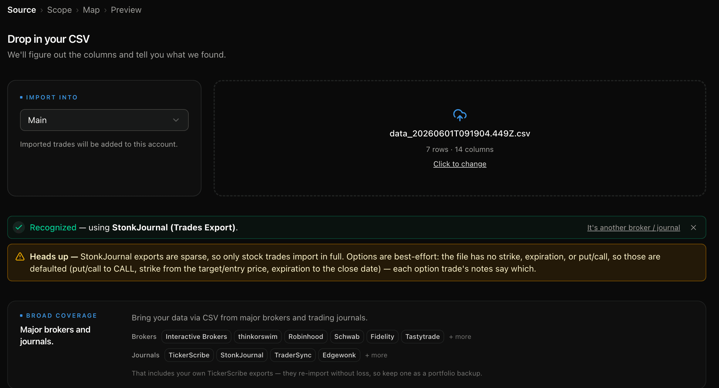 TickerScribe import wizard recognizing a StonkJournal export on upload