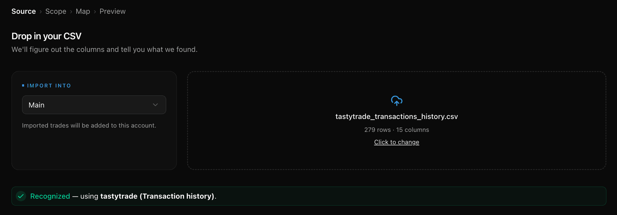 Der TickerScribe-Import-Assistent erkennt eine tastytrade-Transaktionshistorie-CSV — 279 Zeilen, als tastytrade (Transaction history) identifiziert, mit den Schritten Source, Scope, Map und Preview