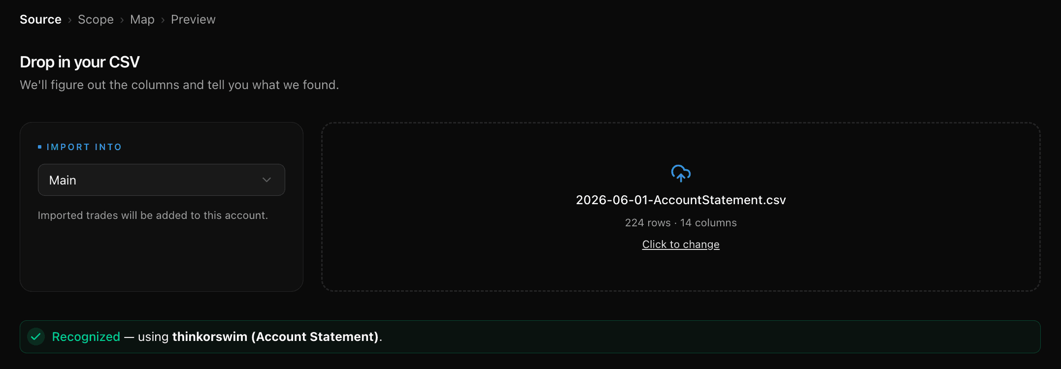 Der TickerScribe-Import-Assistent erkennt eine thinkorswim-Account-Statement-CSV — 224 Zeilen, als thinkorswim (Account Statement) identifiziert, mit den Schritten Source, Scope, Map und Preview