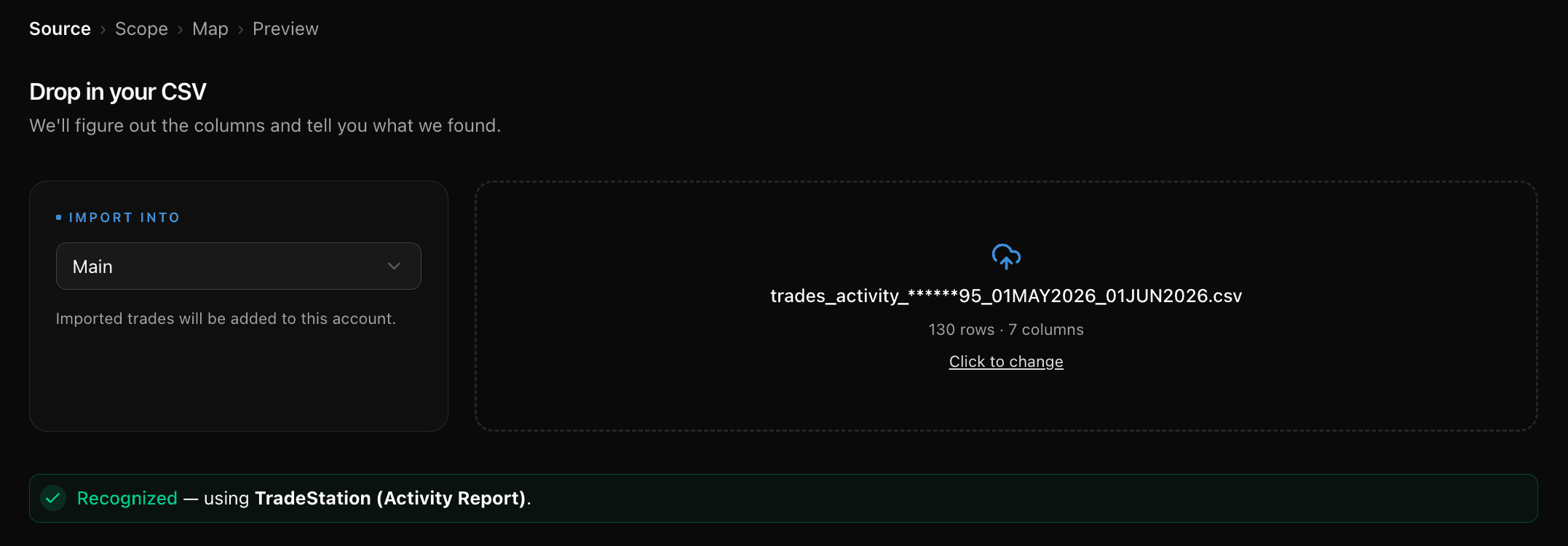 Der TickerScribe-Import-Assistent erkennt eine TradeStation-Trades-Activity-CSV — 130 Zeilen, als TradeStation (Activity Report) identifiziert, mit den Schritten Source, Scope, Map und Preview