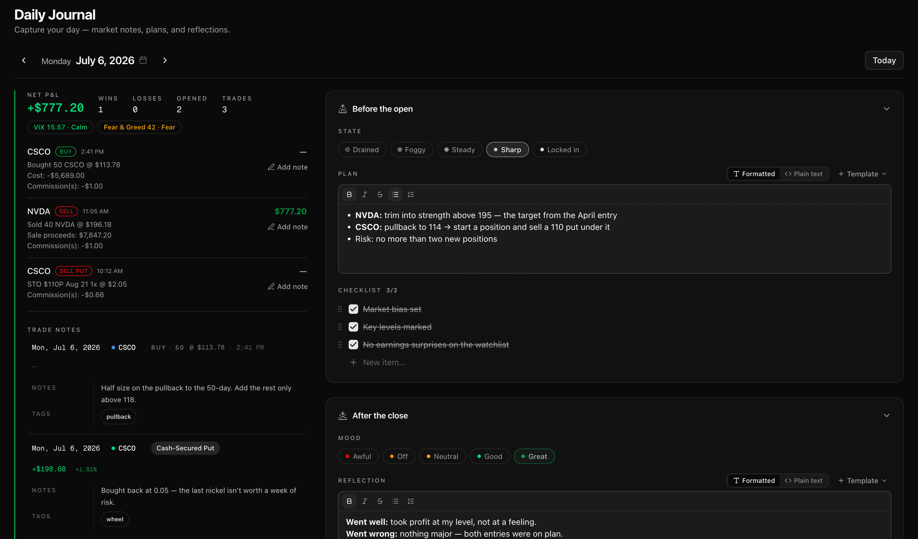 TickerScribe Daily Journal screen