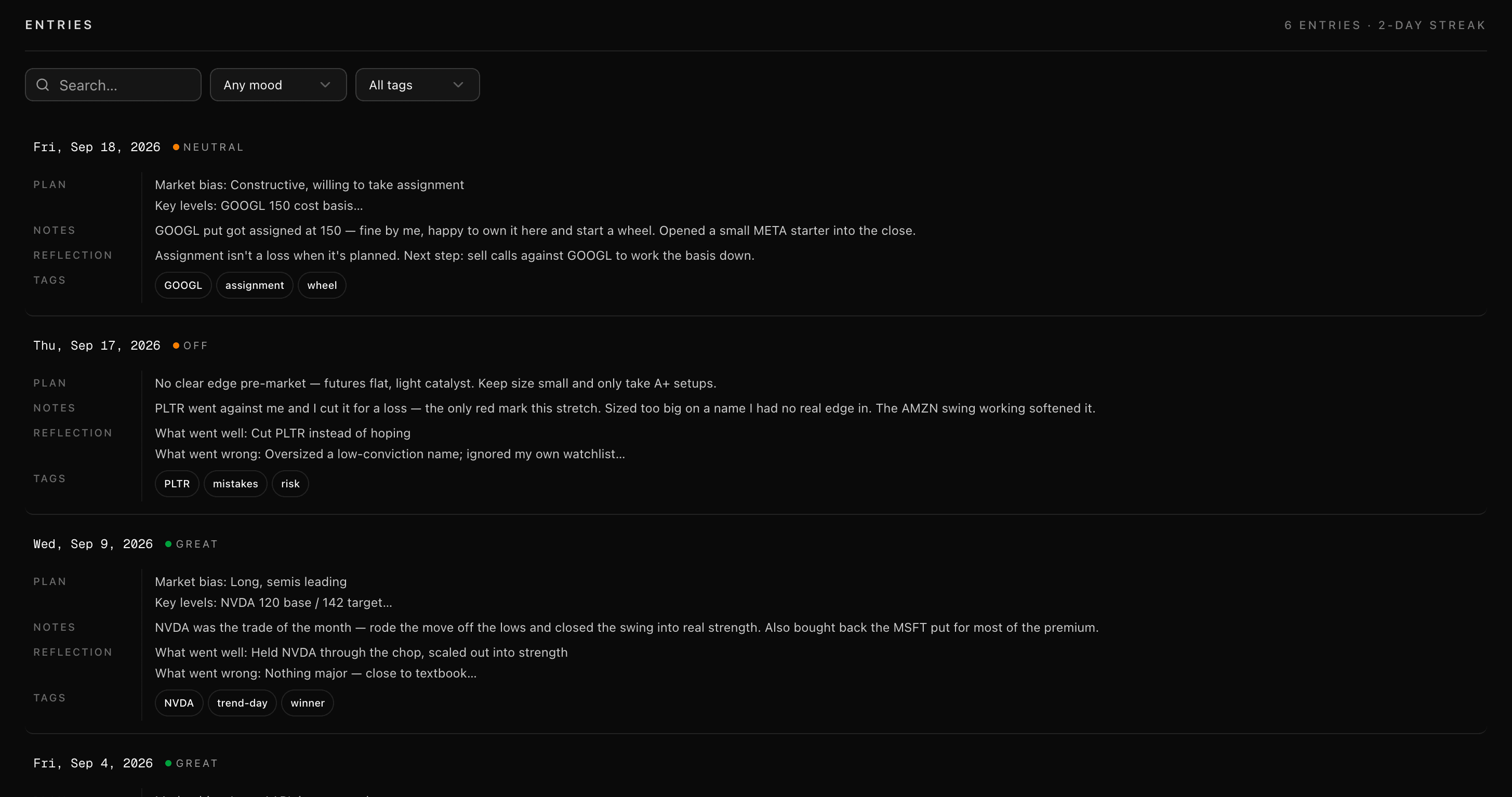 Feed des täglichen Trading-Tagebuchs mit Plan, Notizen, Rückblick, Tags und Screenshots je Eintrag