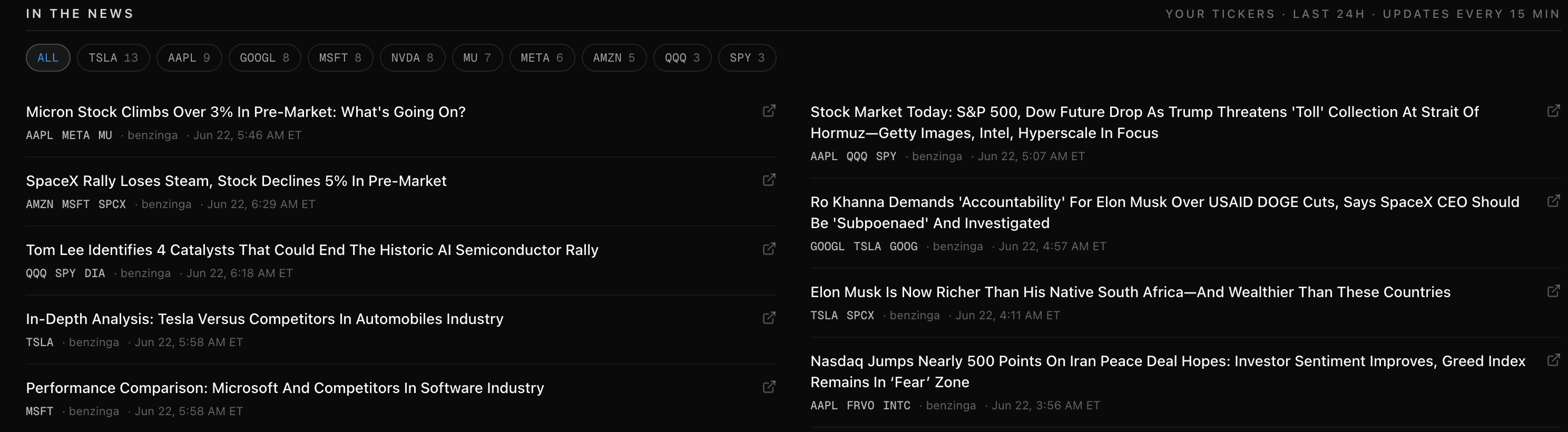 In the news panel with ticker filters and a two-column feed of recent headlines tagged with the tickers in your book