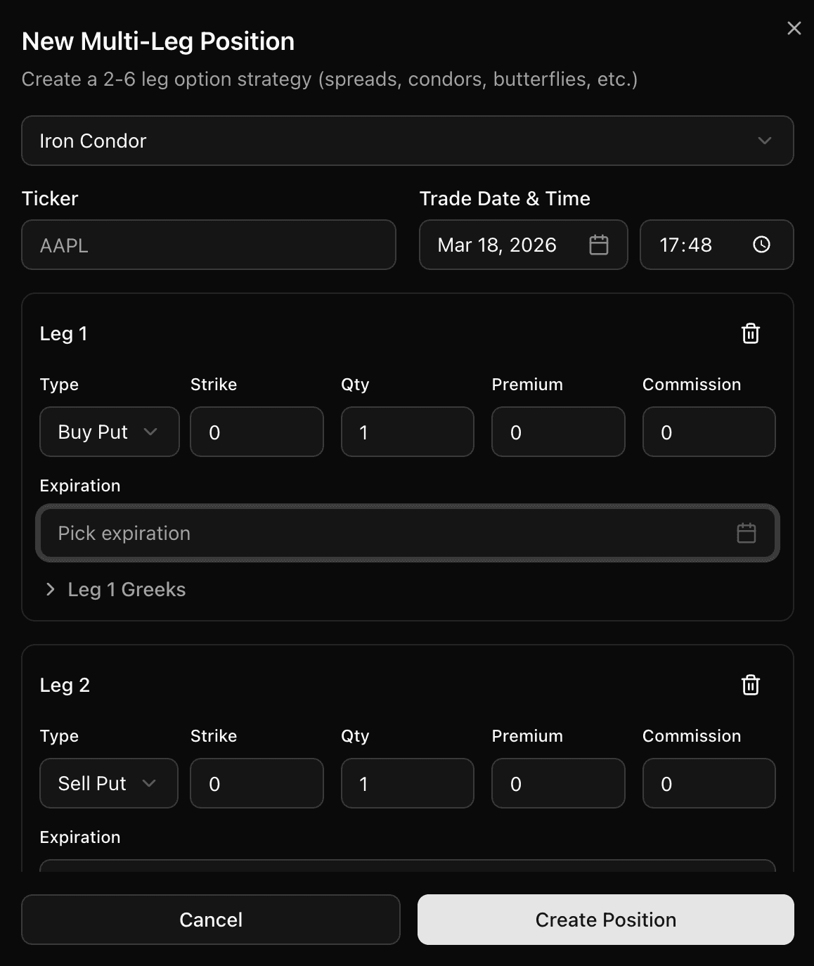 Multi-leg option position entry with strategy detection, multiple legs, and Greeks