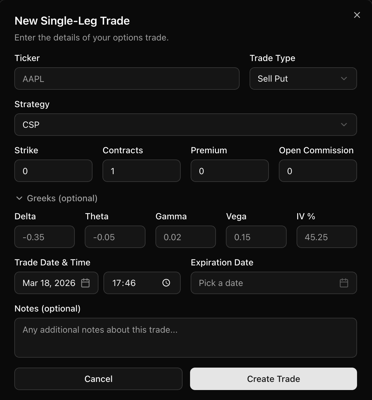 Single-leg option trade entry form with strike price, premium, Greeks, and IV fields