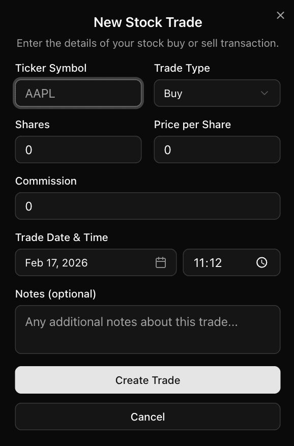 Quick stock trade entry form on mobile