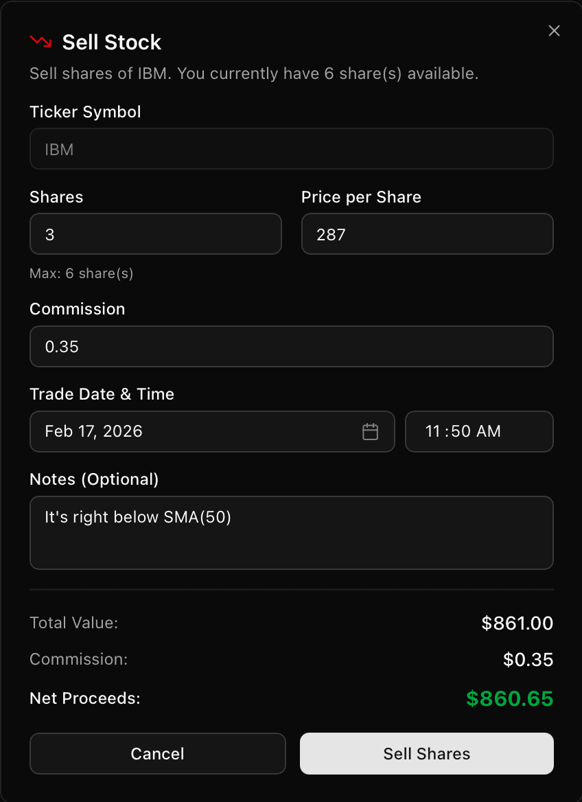 One-click trade logging dialog for stock positions