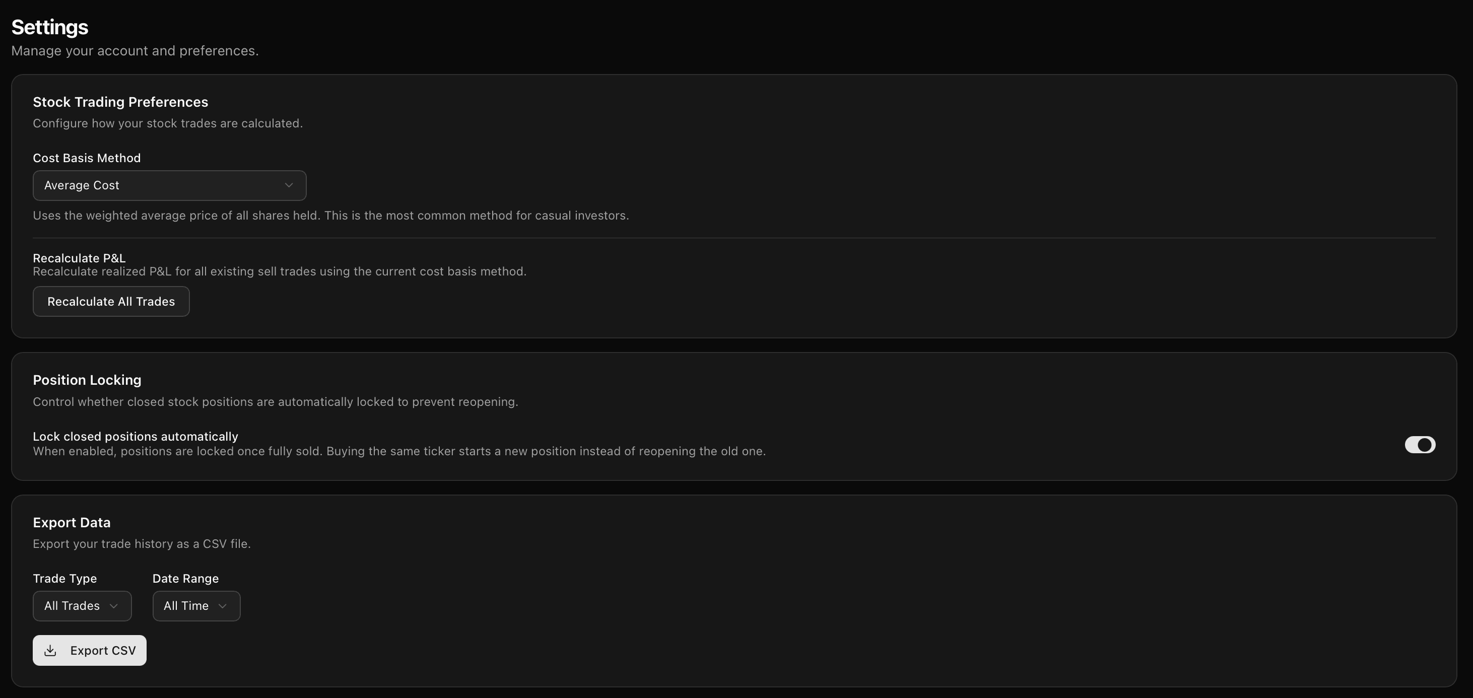 TickerScribe settings for customizing your trading journal