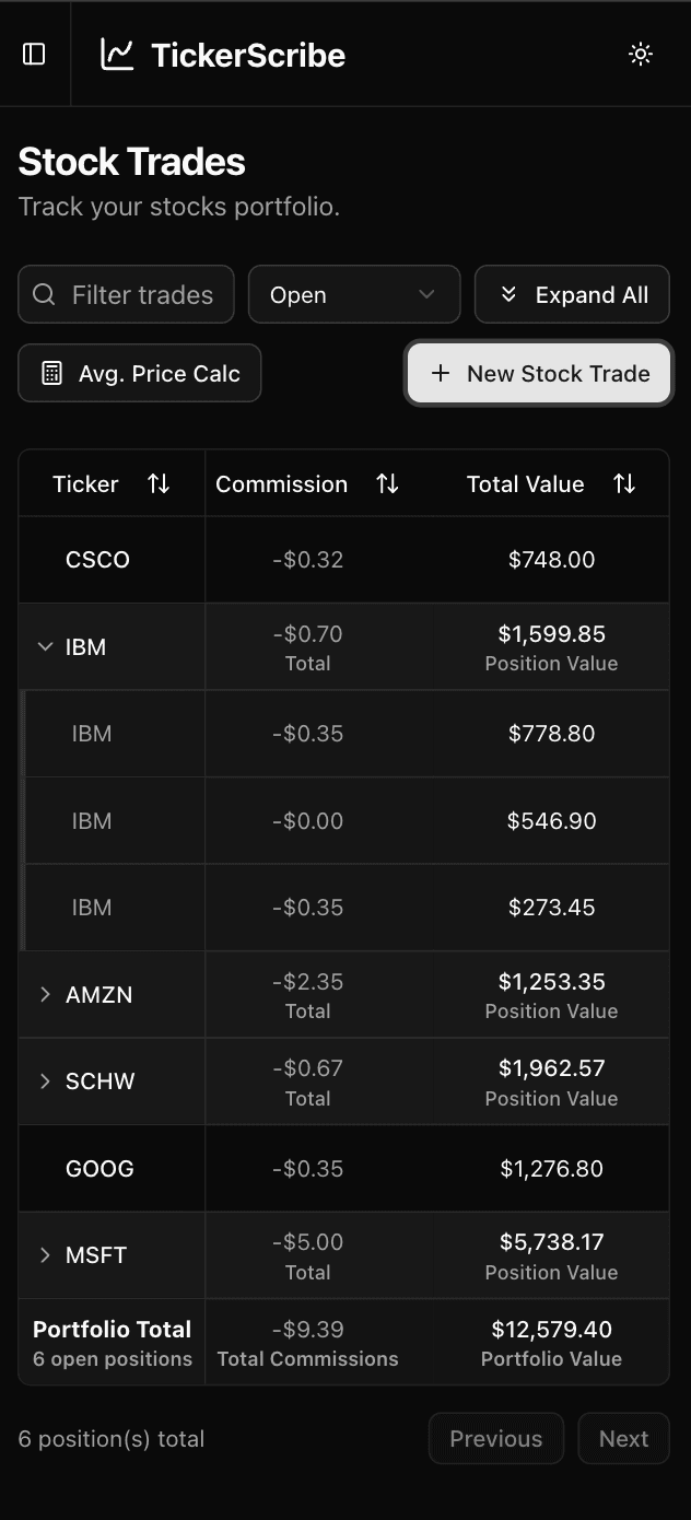 Stock trade tracker on mobile with position details
