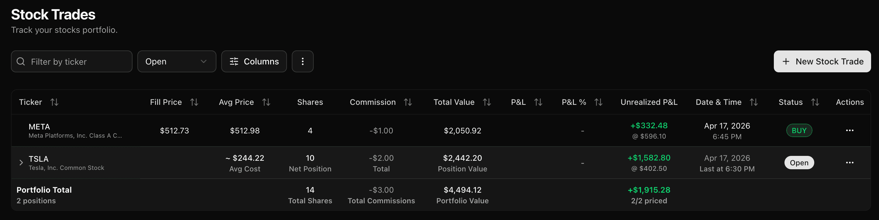 Stocks table with an unrealized P&L column and company names under each ticker symbol