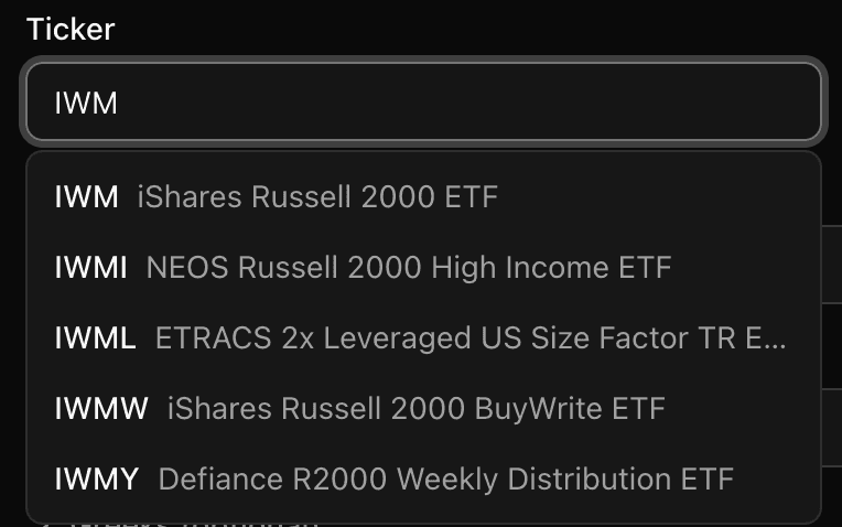 Ticker input showing a dropdown of matching symbols with company names as the user types